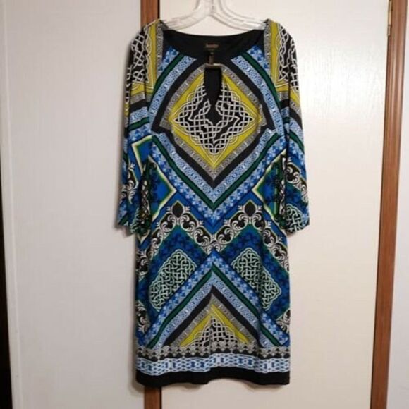 Laundry by Shelli Segal Sz Medium Jersey Shift Dress Blue Green Keyhole Neck - Picture 4 of 10